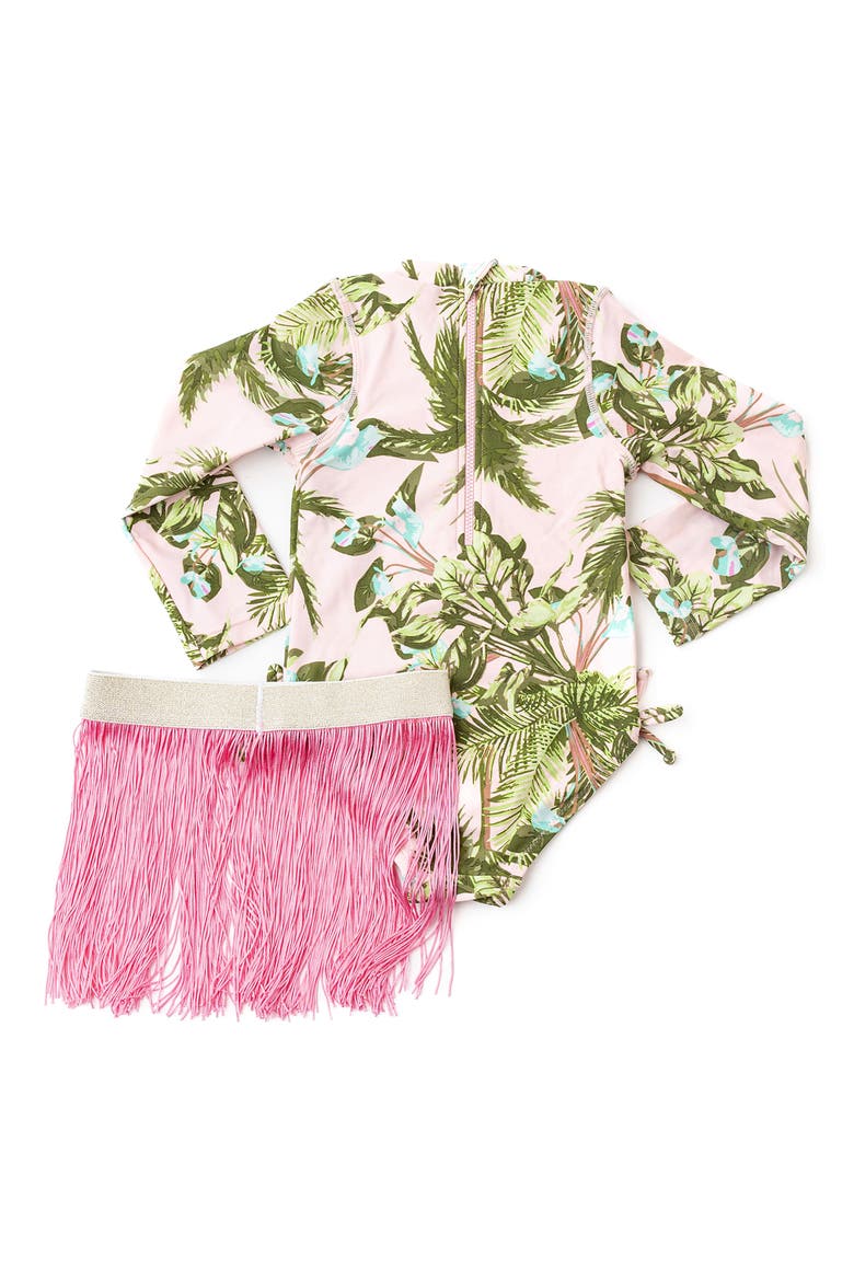 Kids' Blush Tropics One-Piece Rashguard Swimsuit & Fringe Cover-Up Skirt Set, Alternate, color, PINK