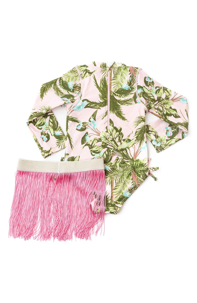 Shade Critters Kids' Blush Tropics One-Piece Rashguard Swimsuit & Fringe Cover-Up Skirt Set, Alternate, color, Pink