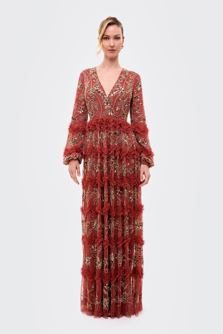 Embellished Sequins Maxi Ruffle Dress, Main, color, RUST