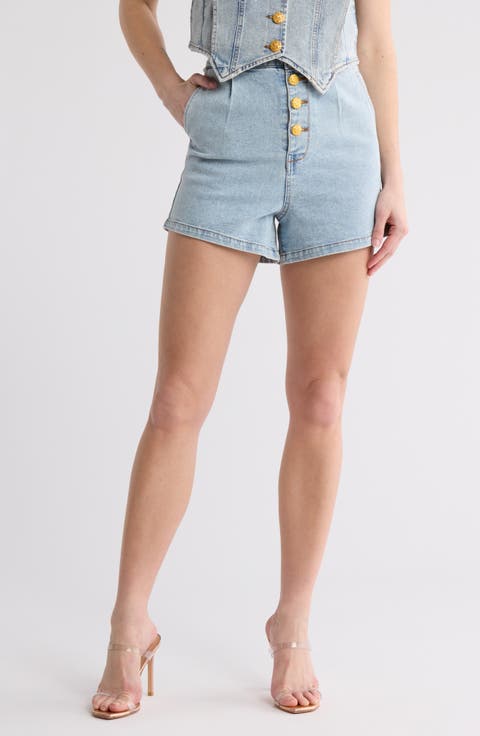 Exposed Button Pleated Denim Shorts