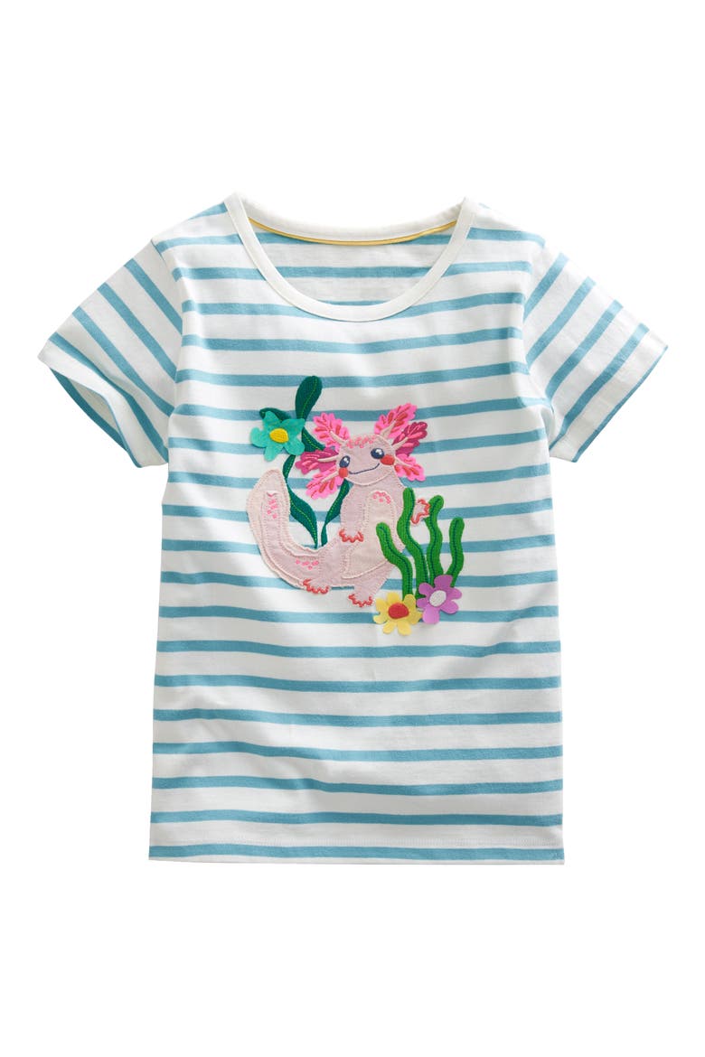 Kids' Stripe Appliqué Cotton Graphic T-Shirt, Main, color, AQUA SEA/ IVORY