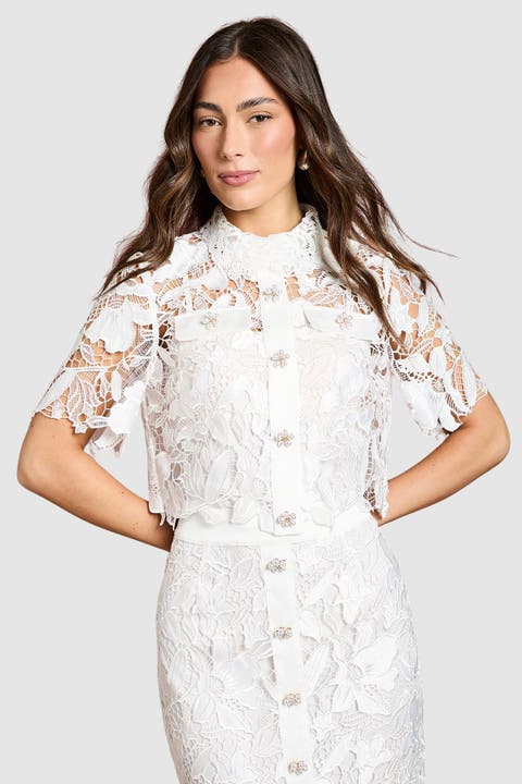 Lace Detail Short Sleeve Collared Shirt