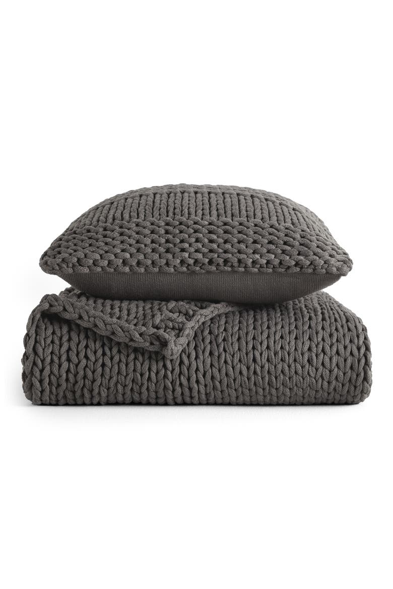 Chunky Knit Accent Pillow & Oversize Throw Blanket Set, Main, color, GRAY