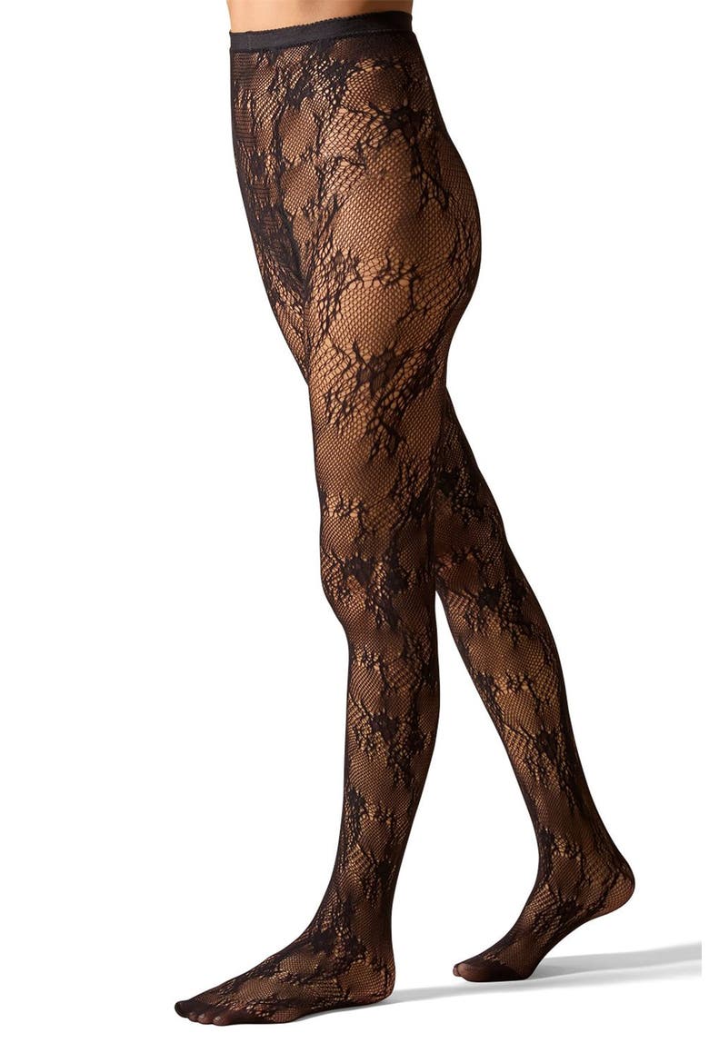 Floral Net Sheer Tights, Main, color, BLACK