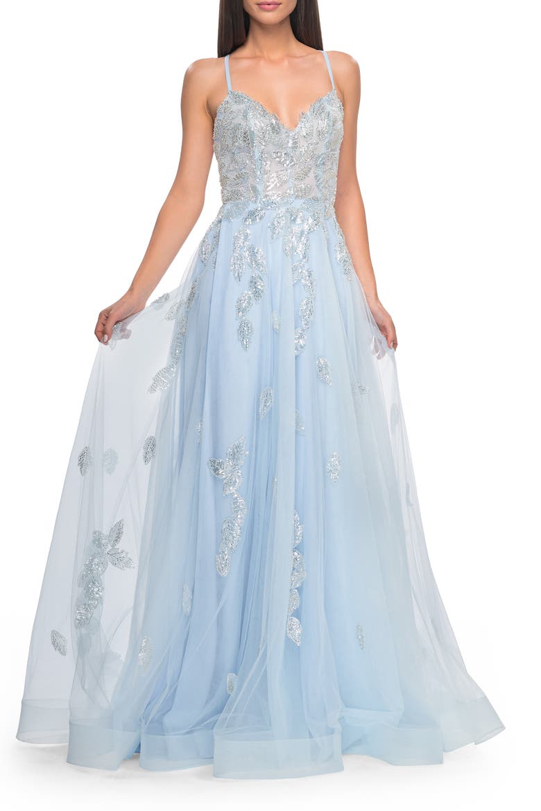 Two Tone Tulle A-Line Prom Dress with Floral Beaded Detail, Alternate, color, Light Blue