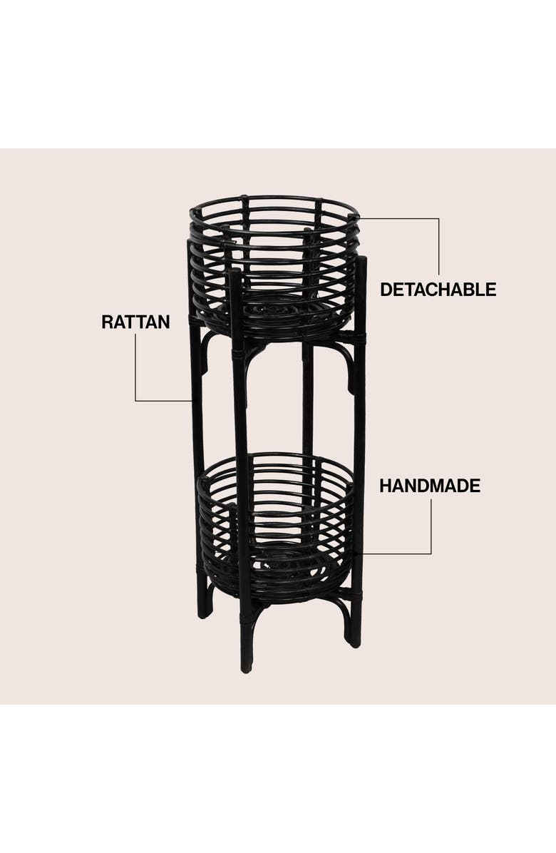 JONATHAN Y Zachariah 33.5" Bohemian Minimalist Handmade 2-Tier Rattan Indoor Planter Stand, Alternate, color, Black