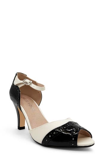 Shop Chelsea Crew Godiva Ankle Strap Peep Toe Sandal In Black And Bone Pu