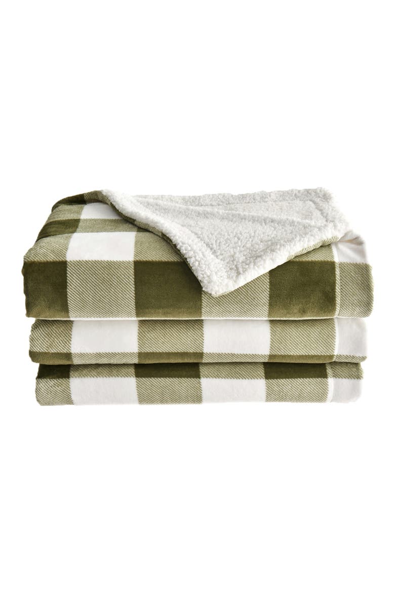 Reversible Faux Shearling Blanket, Main, color, OLIVE GREEN BUFFALO CHECKS