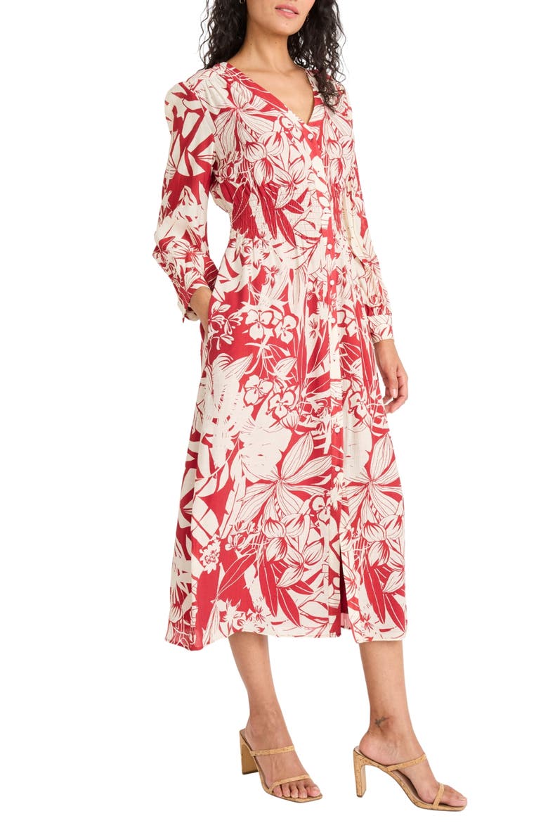 Long Sleeve Button-Up Midi Dress, Alternate, color, RED/ IVORY