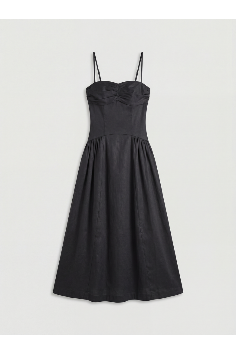 Dropped Waist Ruched Bust Midi Dress, Alternate, color, Black