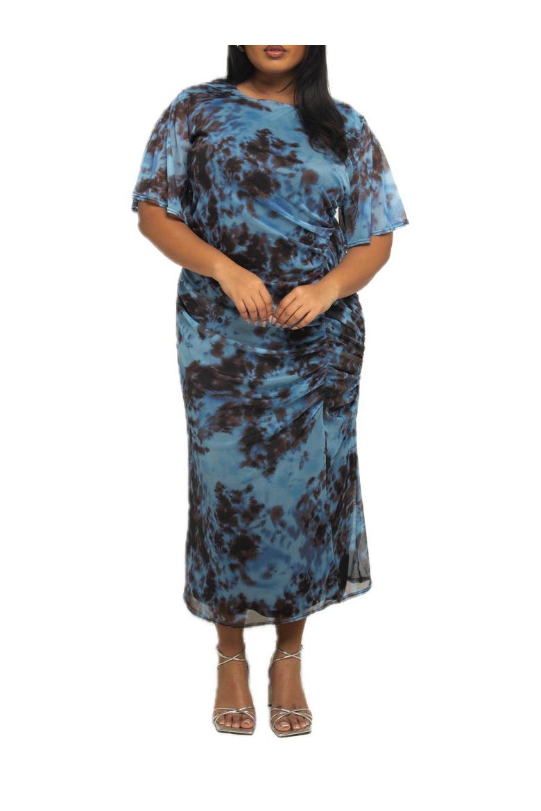 Plus Size Abstract Print Mesh Midi Dress, Alternate, color, Blue