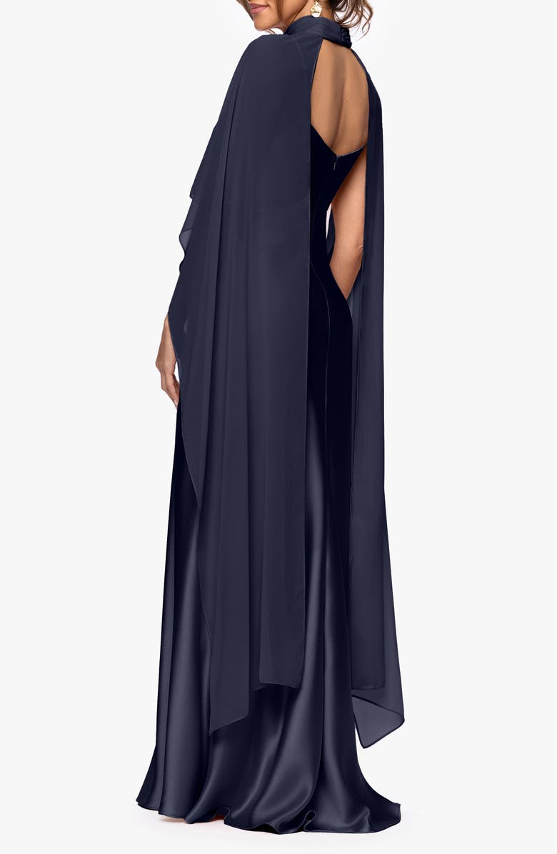 Xscape Evenings Satin Gown with Chiffon Overlay, Alternate, color, Navy