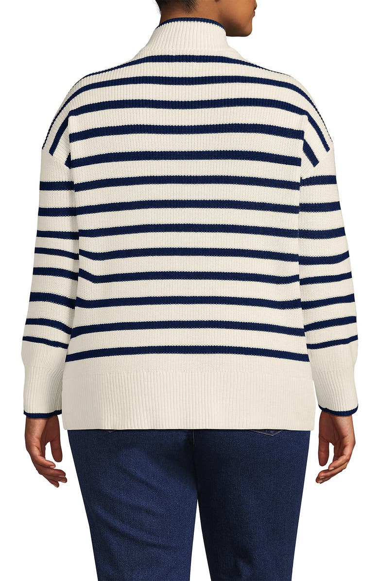 Lands
 End Plus Size Drifter Cotton Quarter Zip Pullover Sweater, Alternate, color, Ivory/Navy Stripe