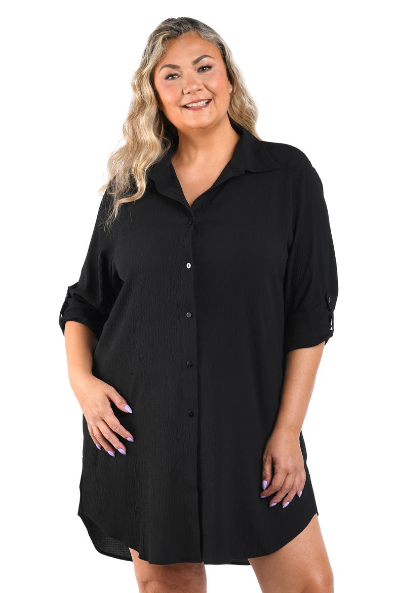 Crinkle Crepe Swim Cover-Up Camp Shirt, Alternate, color, BLACK