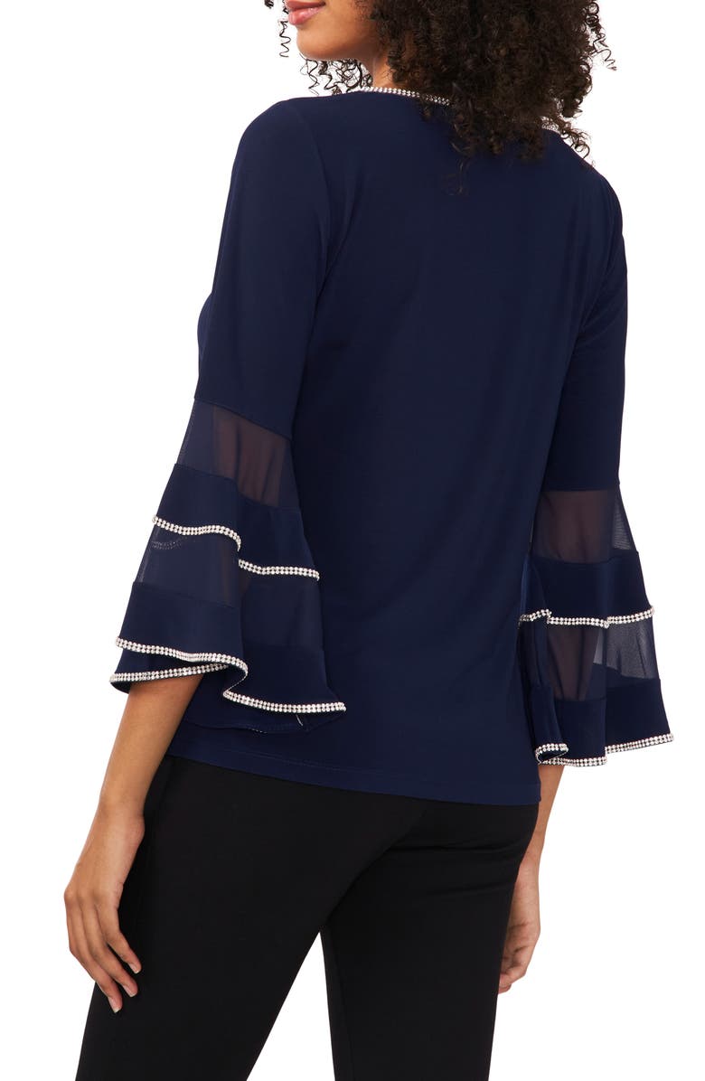 Chaus Rhinestone Illusion Bell Sleeve Blouse, Alternate, color, Navy