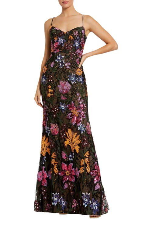 Mac Duggal Spaghetti Strap Floral Embroidered Gown In Black Multi