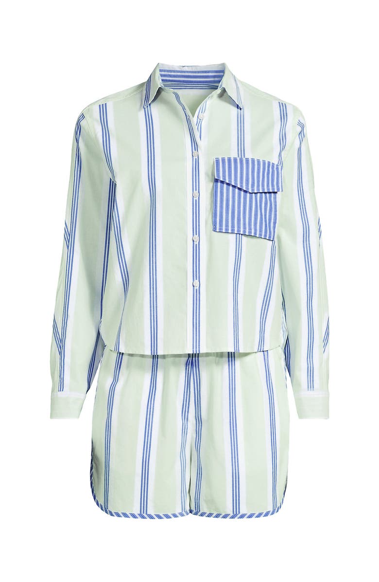 Lands' End Cotton Poplin 2 Piece Pajama Set - Long Sleeve Top and Shorts with Piping, Alternate, color, Icy Mint/Muted Cobalt Stripe