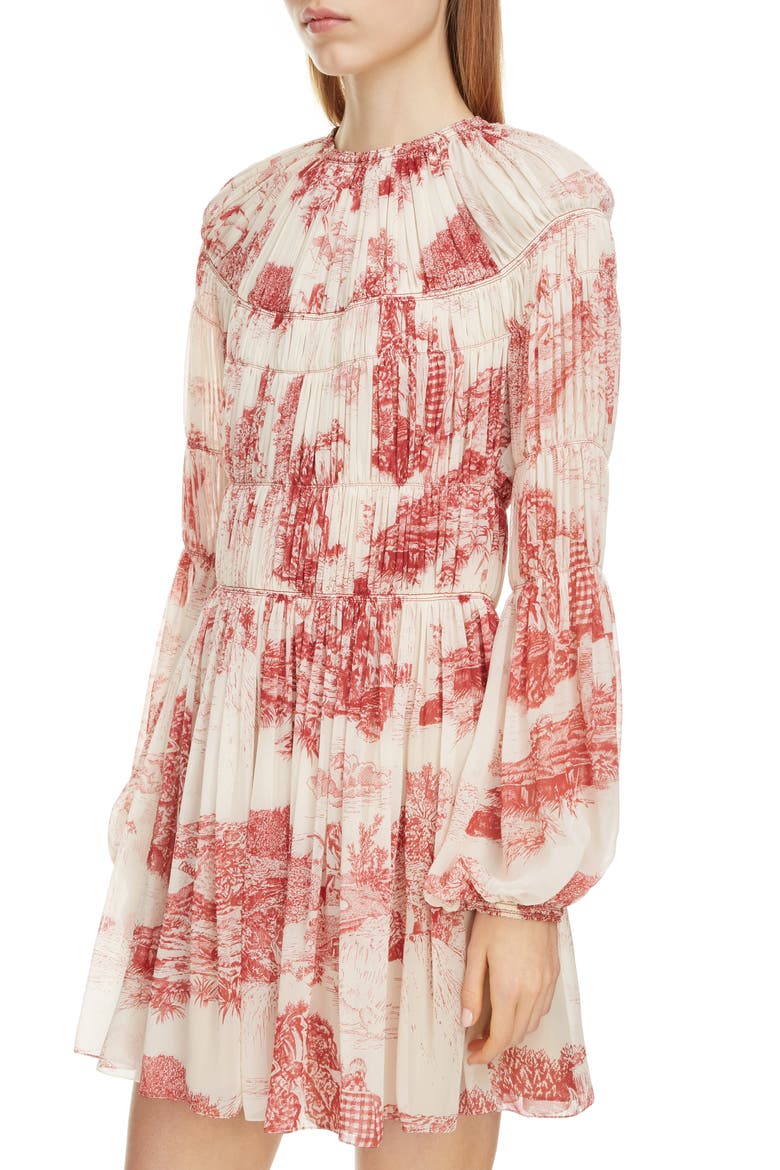 Toile Long Sleeve Smocked Silk Georgette Minidress, Alternate, color, WHITE - RED 1