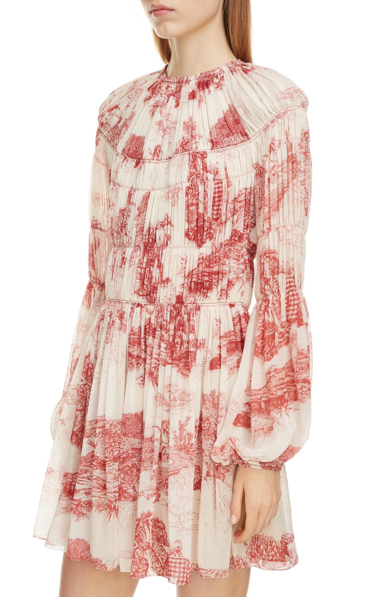 Chloé Toile Long Sleeve Smocked Silk Georgette Minidress, Alternate, color,