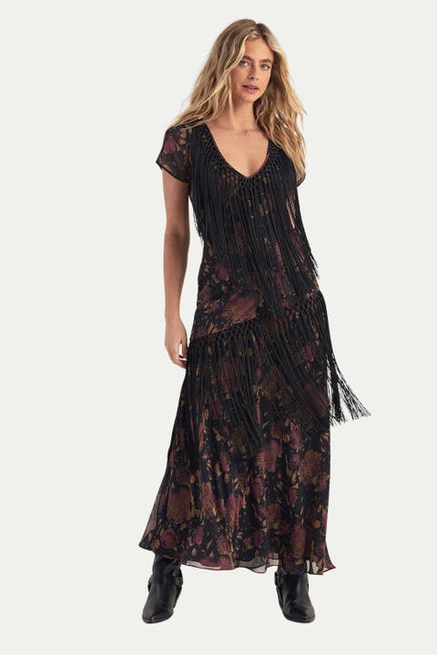 Floral Chiffon Fringe Maxi Dress
