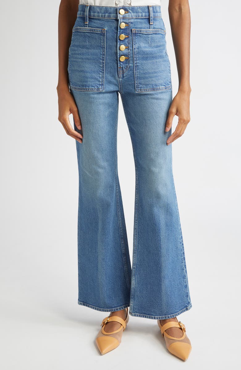 Ulla Johnson The Lou Button Fly Flare Jeans, Main, color, Danube Medium Indigo Wash