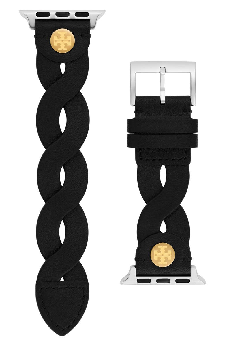 Tory Burch Braided Leather 20mm Apple Watch<sup>®</sup> Watchband, Main, color, Black