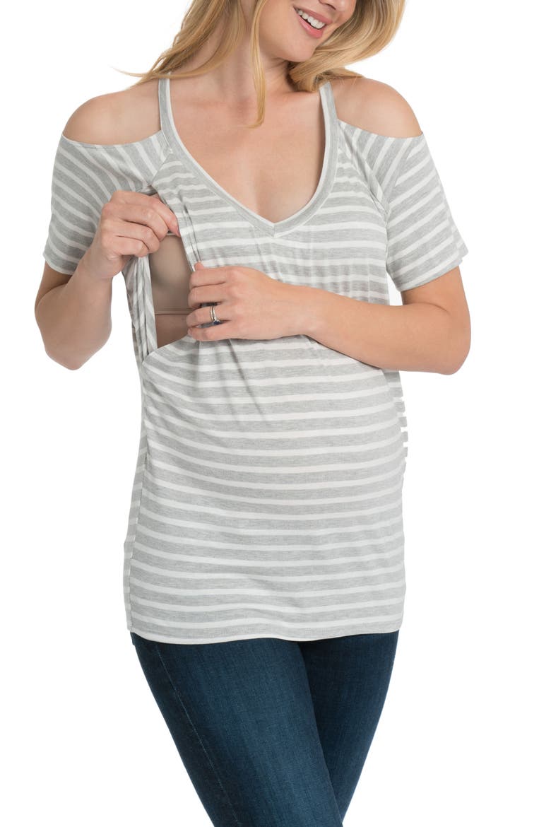 Bliss Cold Shoulder Maternity/Nursing Tee, Alternate, color, GRAY AND WHITE STRIPE