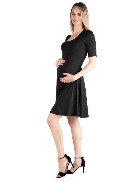 24seven Comfort Apparel Maternity Knee Length A-line Elbow Sleeve Dress In Black