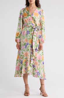Tahari ASL Floral Satin Long Sleeve Faux Wrap Midi Dress