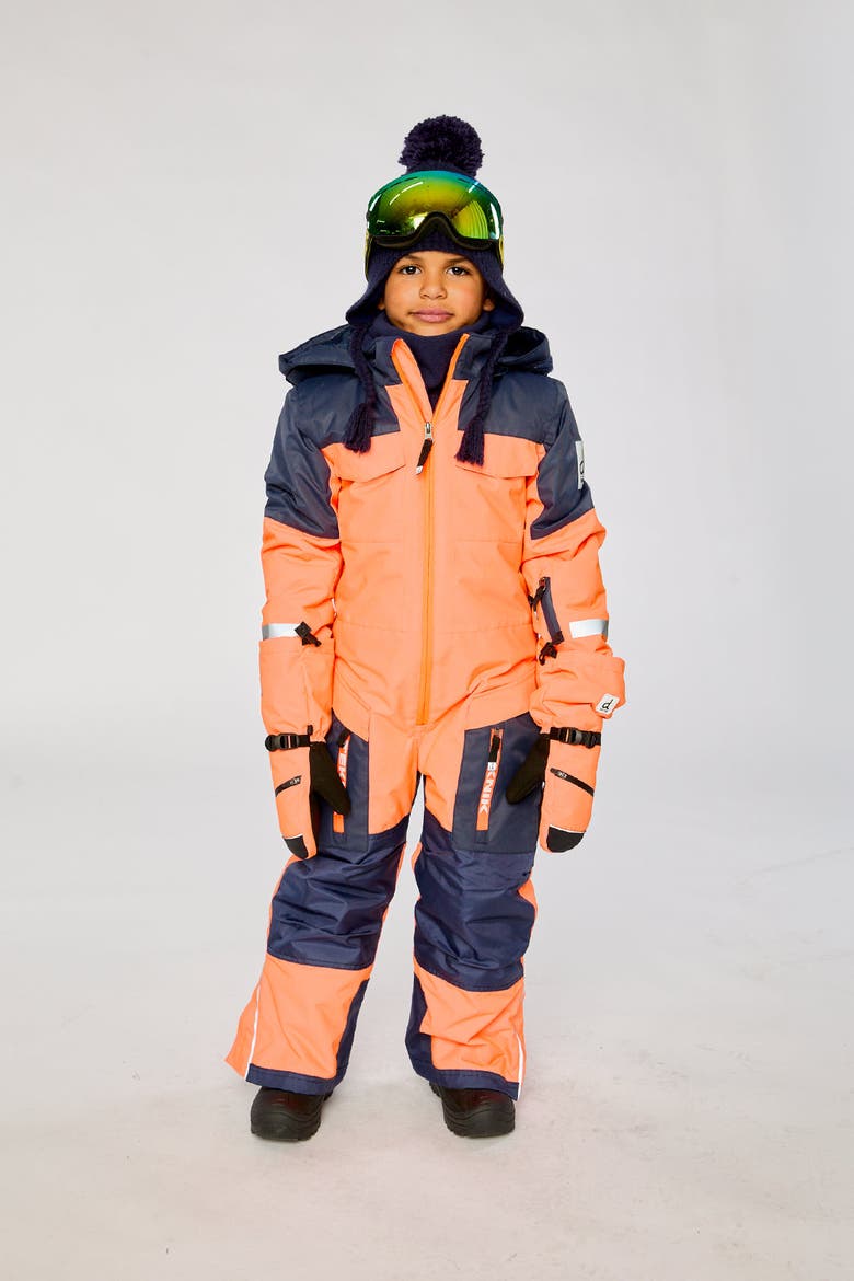 Teknik Fleece Lined & Reinforced Knees One Piece Snowsuit, Alternate, color, Bright Orange and Blue