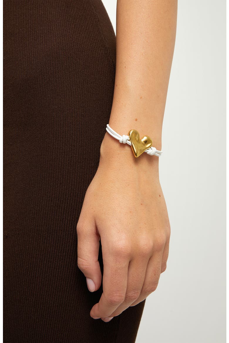 White Leather Bracelet with 18K Gold-Plated Heart Detail, Alternate, color, Gold