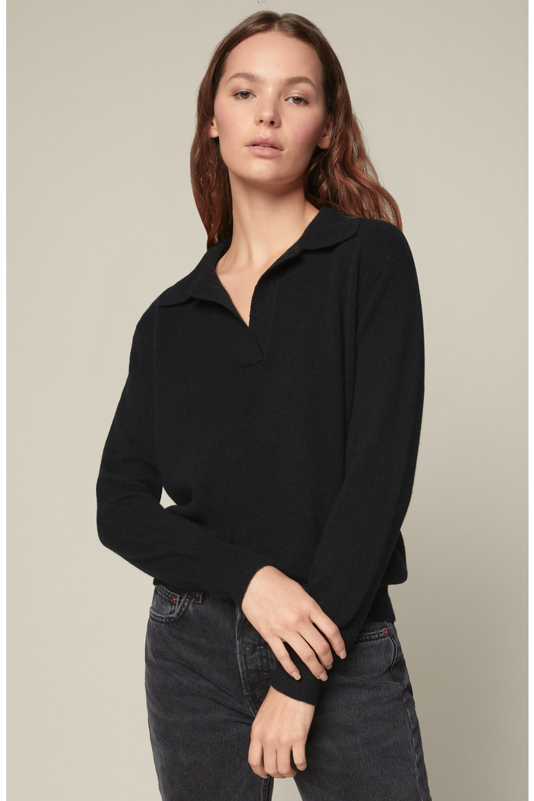 Camila Airy Cashmere Collared Sweater, Alternate, color, Black