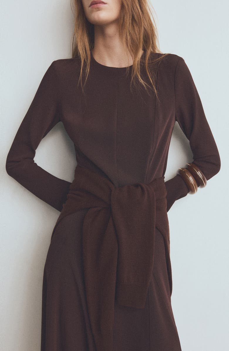 MANGO Godet Long Sleeve Maxi Dress, Alternate, color, Chocolate