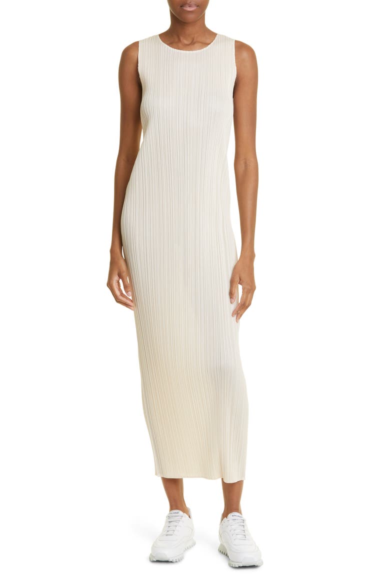 Pleated Midi Dress, Main, color, LIGHT BEIGE