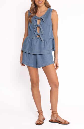 Petal & Pup Graciana Tie Front Sleeveless Peplum Top & Denim Shorts Set