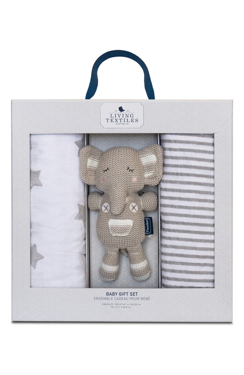 Living Textiles Baby Bento 2-Pack Swaddle Blankets & Theo Stuffed Animal Gift Set, Main, color,