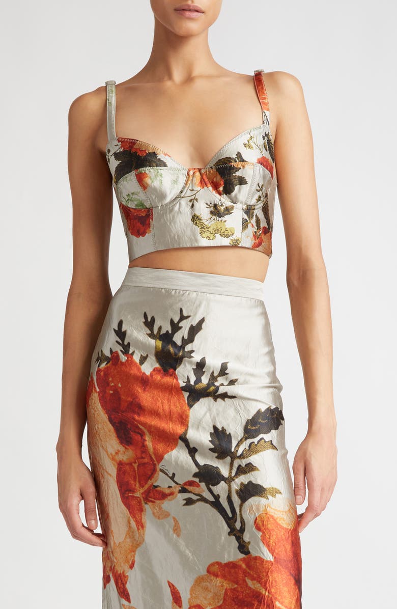 Erdem Floral Metallic Crinkled Satin Corset Top, Main, color, Pearl