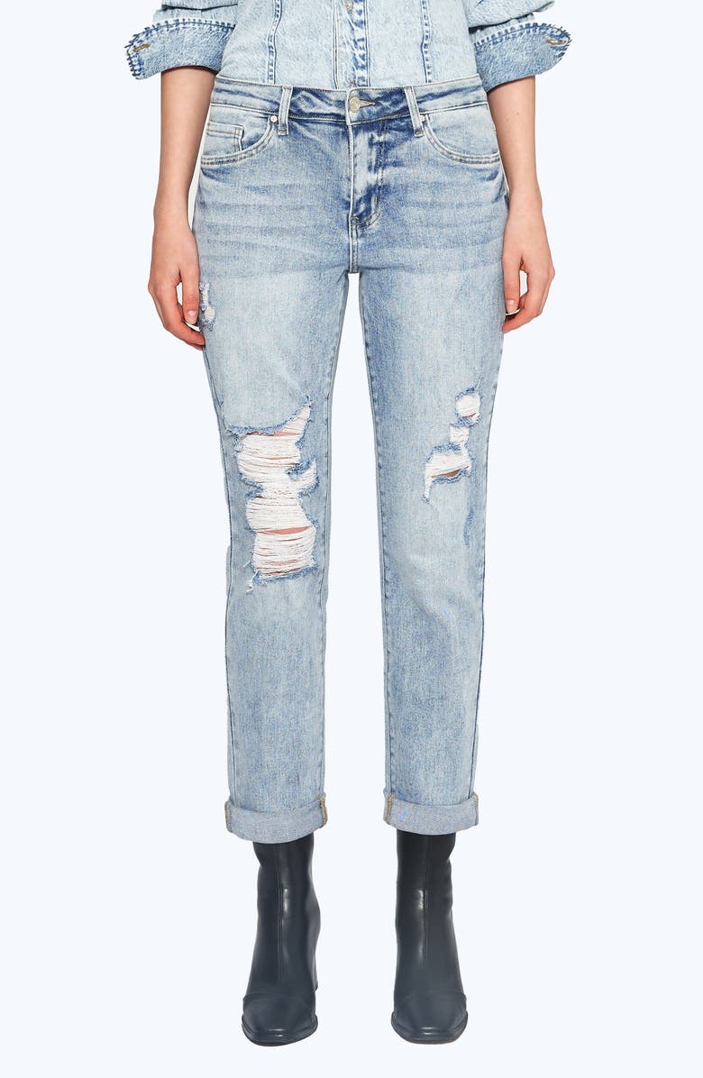 Bayeas High Waist Rolled Cuff Straight Leg Jeans, Main, color, Light Blue