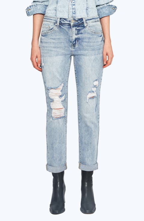 High Waist Rolled Cuff Straight Leg Jeans