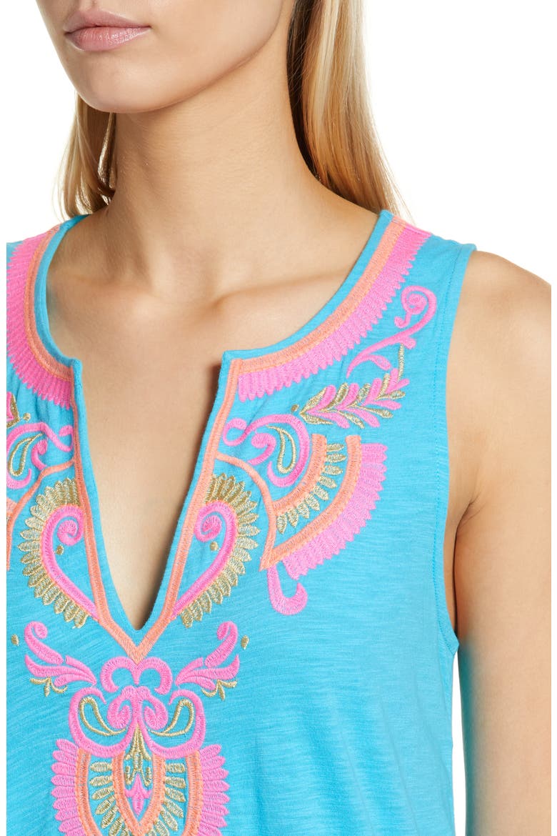 Nolia Embroidered Pompom Cotton Cover-Up Dress, Alternate, color, TURQUOISE OASIS