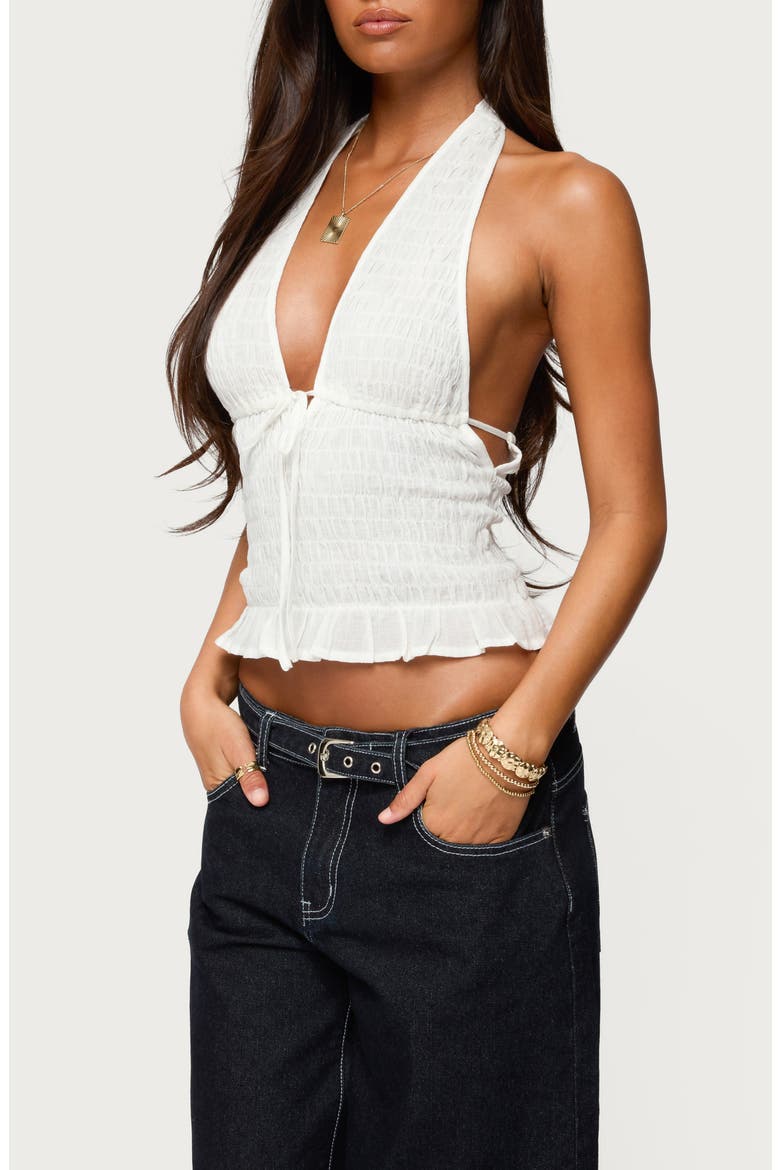 Larissa Smocked Cotton Halter Top, Alternate, color, WHITE