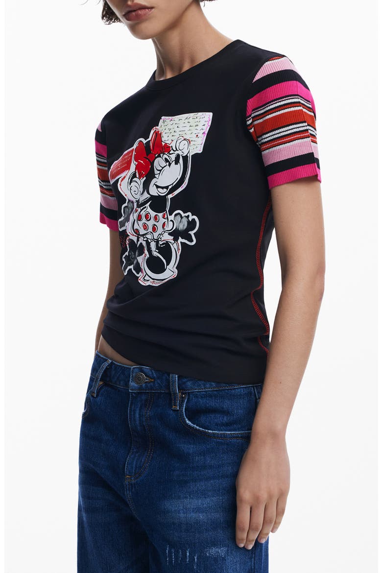 Minnie Mouse Stripe Sleeve Graphic T-Shirt, Main, color, BLACK