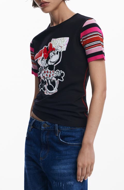 Minnie Mouse Stripe Sleeve Graphic T-Shirt