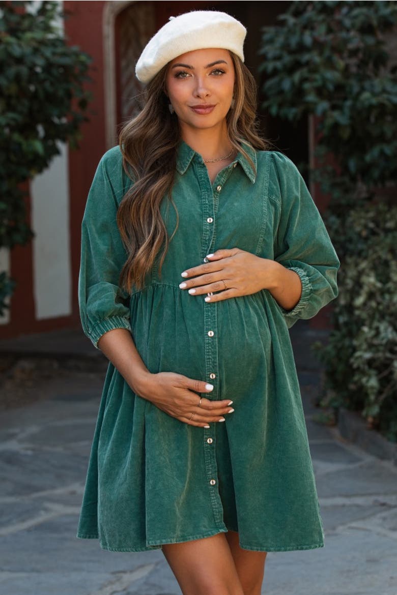 Corduroy Button Down Collared Dress, Main, color, Green