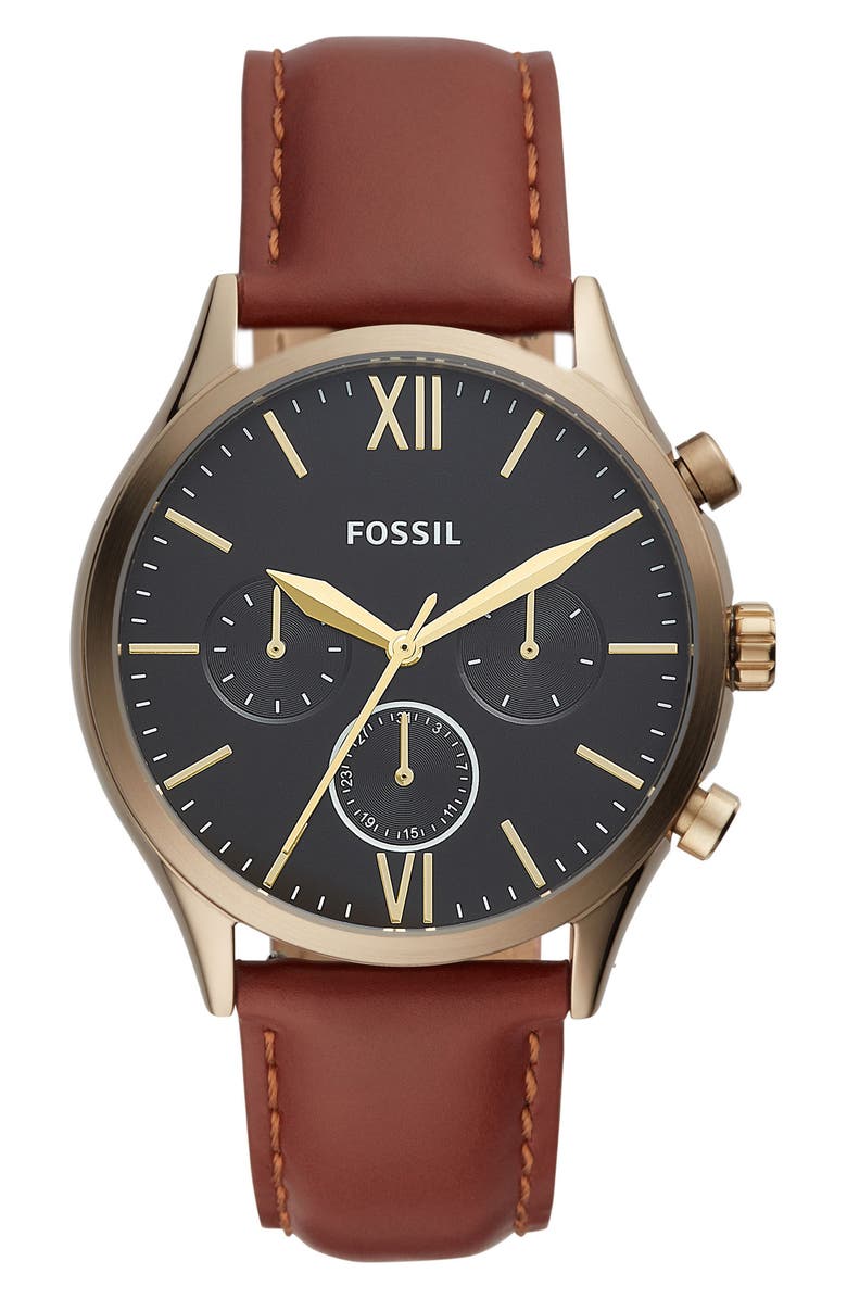 Fossil Men's Leather Strap Watch, 44mm, Main, color, 