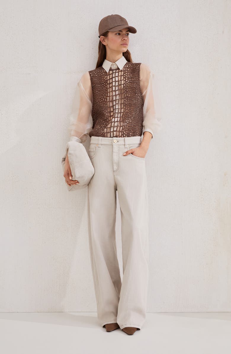 Brunello Cucinelli Precious croc embroidery top, Alternate, color, Brown