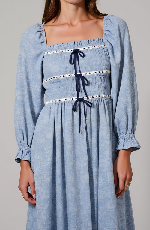 Modenaire Paisley Print Smocked Bodice Midi Dress With Bow Accents In Blue