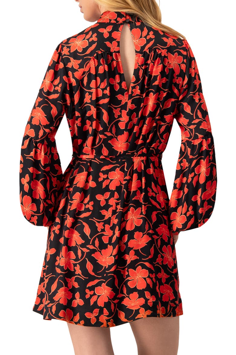 Black Mini Dress with Red Floral Print and Drawstring Waist, Alternate, color, Red