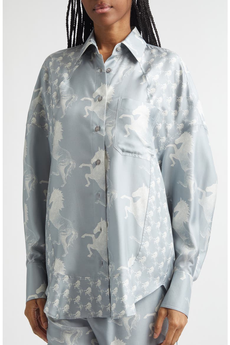 Horse Print Paneled Silk Button-Up Shirt, Alternate, color, BLUE/ CREAM