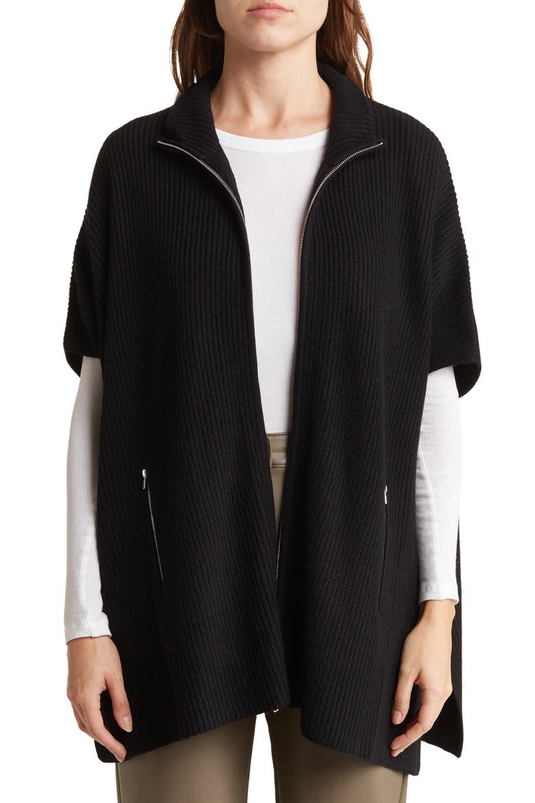 Cashmere Blend Zip Front Knit Cape, Main, color, BLACK